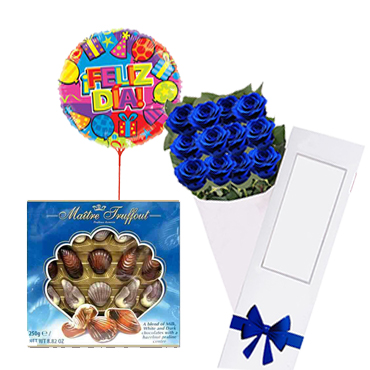Caja de 12 Rosas Azules ms Globo grande y Bombones de 250 grs
